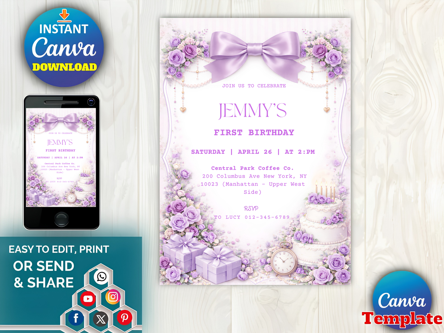 Editable Elegant Purple Rose 1st Birthday Invitation Template | Coquette Purple Bow Invite (Degital Template)