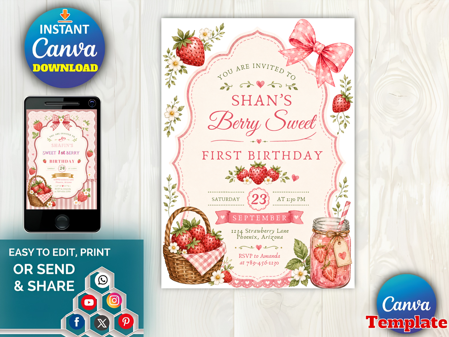 Berry Sweet First Birthday Invitation Template, Strawberry Editable Invite, Girl 1st Birthday Canva Template, Instant Download