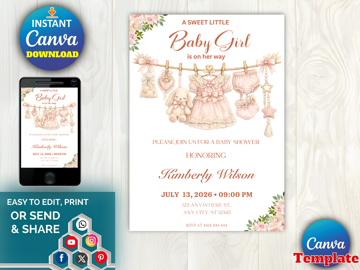 Boho Girl Clothesline Baby Shower Invitation, Boho Baby Clothes Invitation, Instant Download, Digital Template, Editable Canva