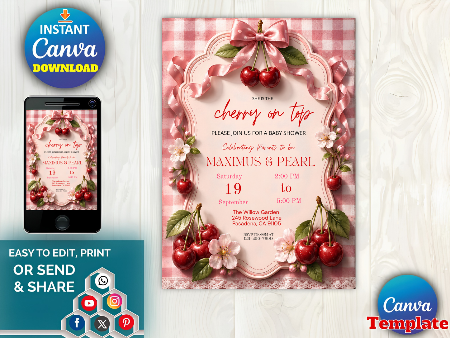 Editable She Is The Cherry On Top Baby Shower Invite | | Pink Gingham + Bow Canva Template (Digital Download)