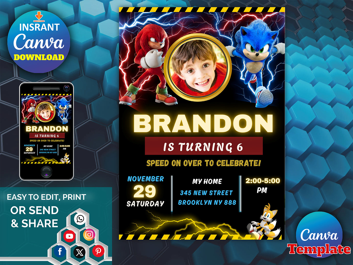Super Hedgehog Birthday Invites Card(Printable)
