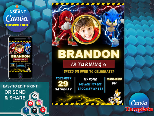 Super Hedgehog Birthday Invites Card(Printable)