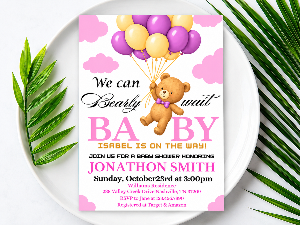 Editable Brown Bear Balloon Baby Shower Invitation Bundle, We Can Bearly Wait Baby Shower Invite, Pink Boho Bear Girl Baby Shower, BBS389