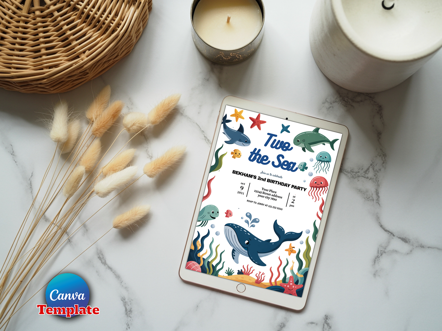 Editable Two the Sea 2nd Birthday Party Invitation Under The Sea 2nd Birthday Whale Shark Sea Life Party Instant Download Editable