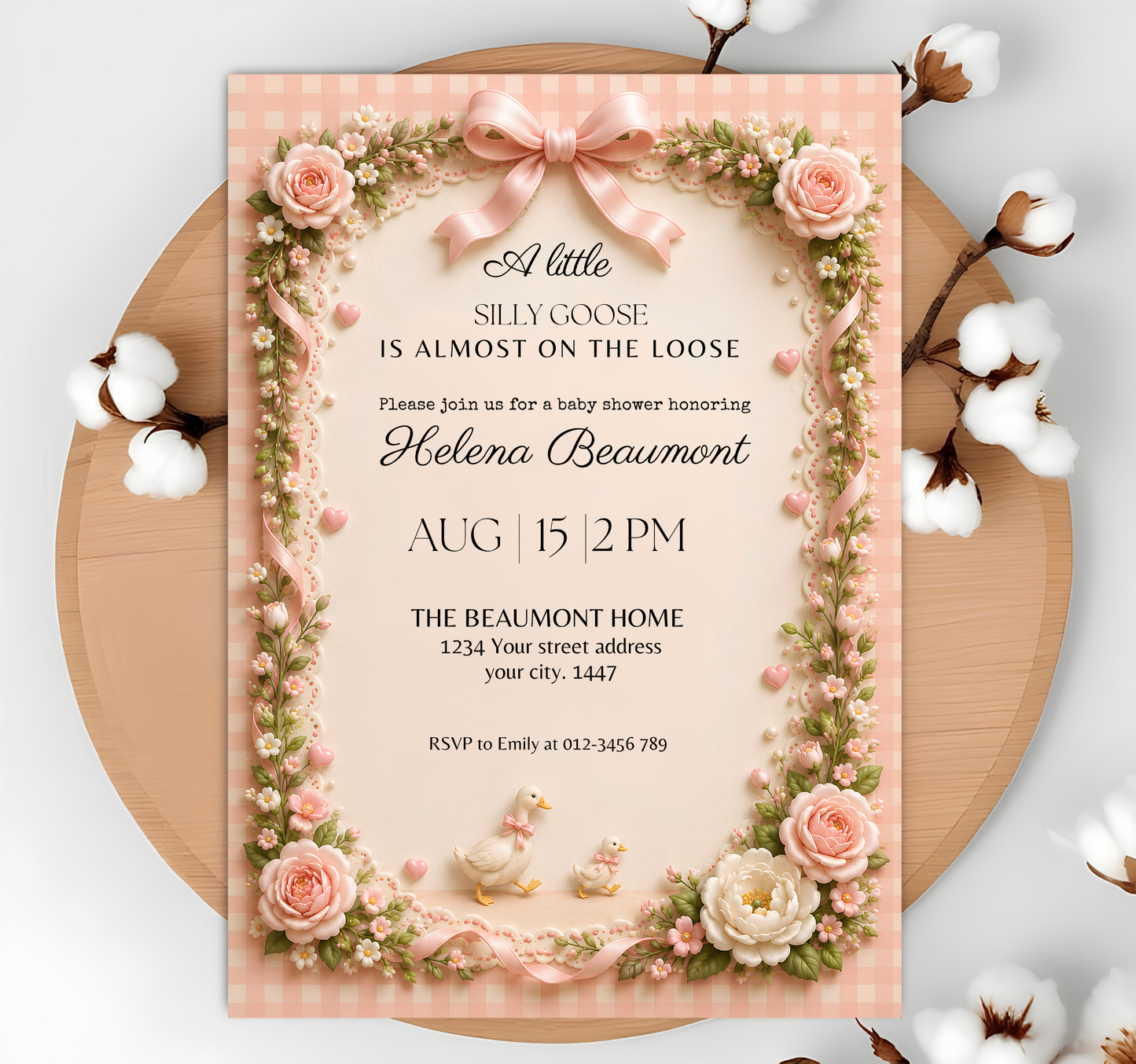 Silly Goose Baby Shower Invitation Girl, Pink Coquette Bow Goose Invite, A Little Silly Goose Is Almost On The Loose, Editable Canva Template Download
