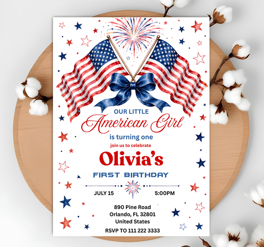 Our Little American Girl 1st Birthday Invitation Template | Editable Canva Patriotic Party Invite 🇺🇸