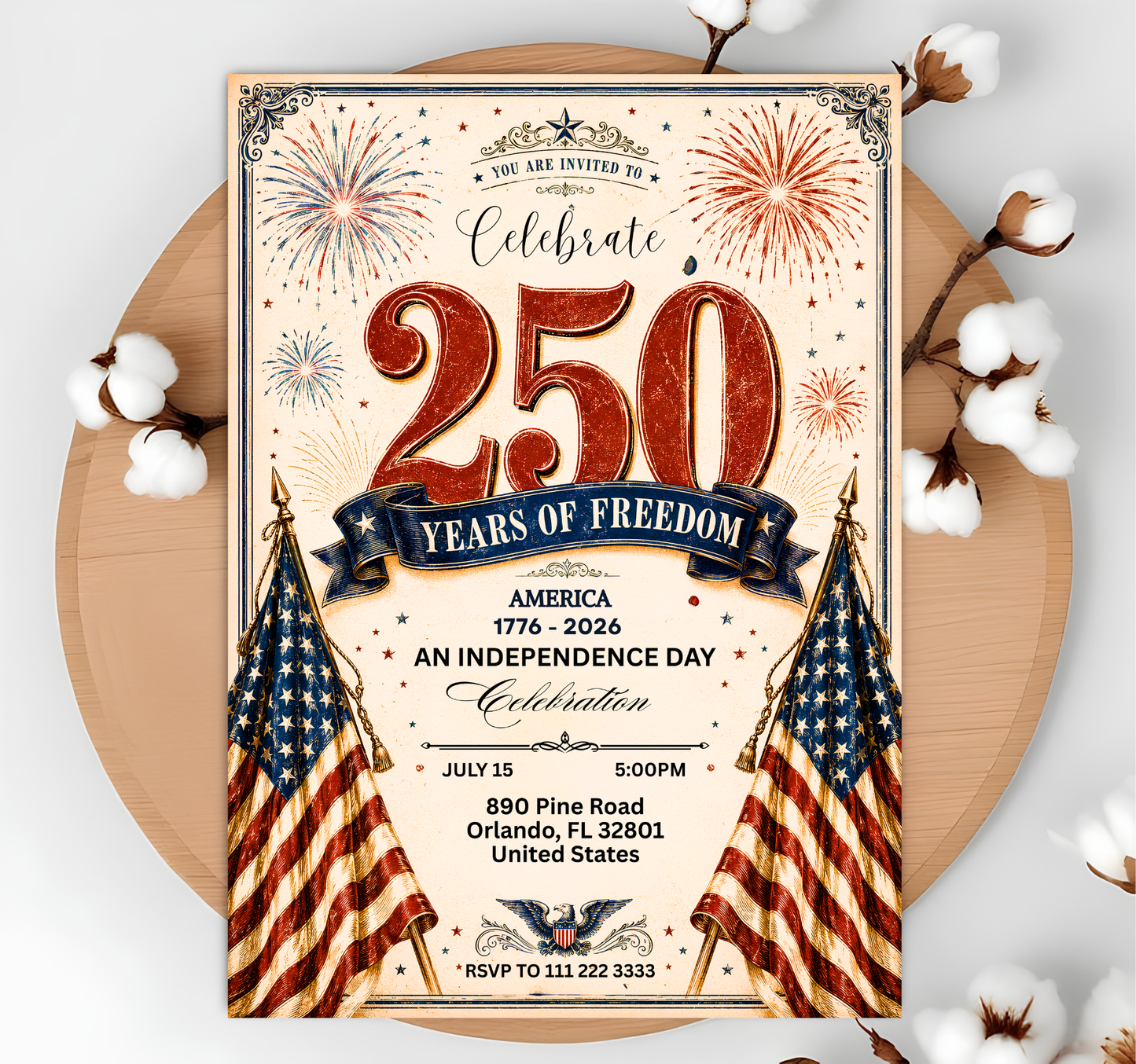 America 250 Party Invite, 4th of July Invitation, Patriotic BBQ, 250 Years of Freedom Celebration, Editable Canva Template
