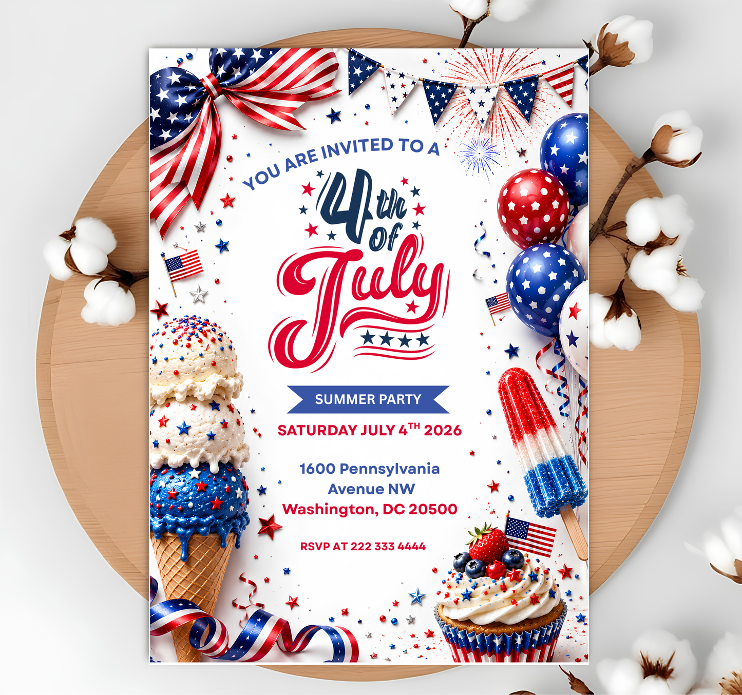 4th of July Invitation Template, USA Independence Day Invitation, Summer Party Invitation, Editable Canva BBQ Invite,