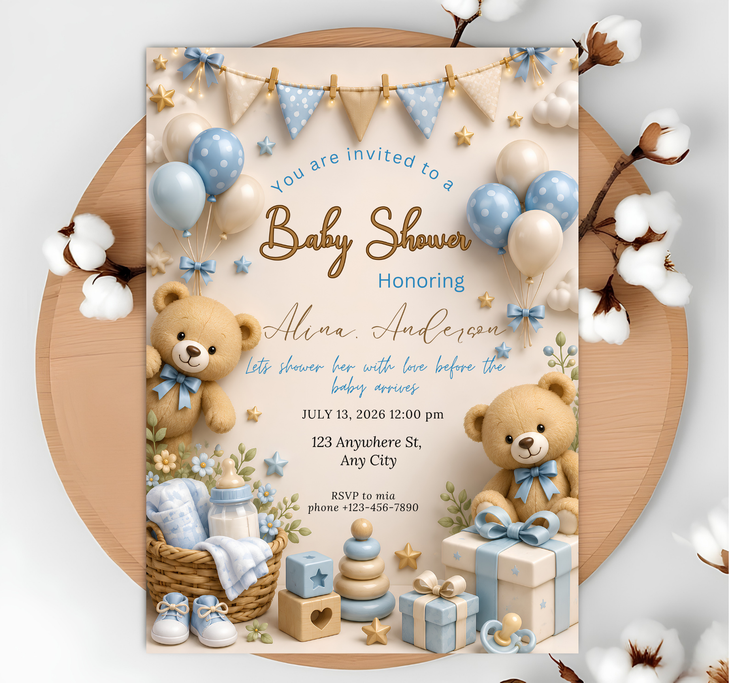 Baby Shower Invitation Template, Editable Canva Baby Shower Invite, Teddy Bear Baby Shower Invitation, Blue Boy Shower, Instant Download