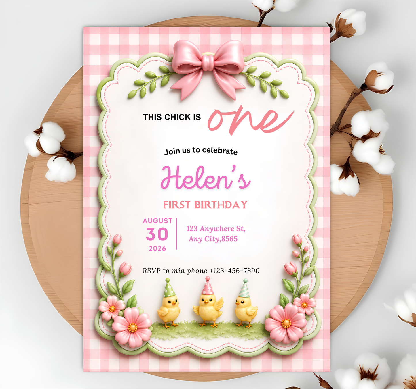 This Chick Is One Invitation – Baby Chick Girl 1st Birthday Editable Canva Template