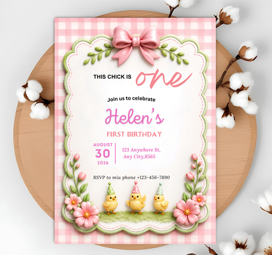 This Chick Is One Invitation – Baby Chick Girl 1st Birthday Editable Canva Template