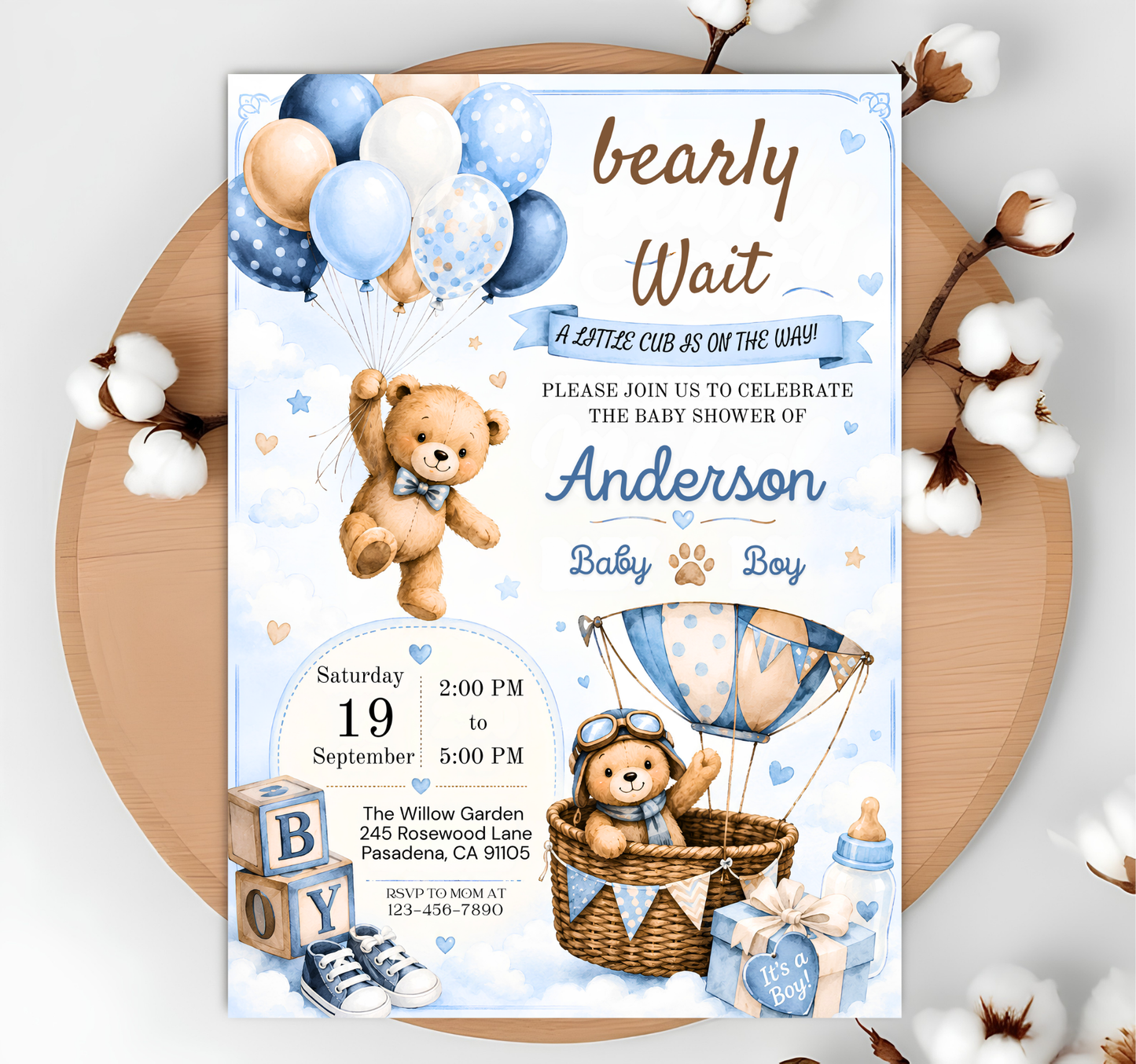 Editable Bear Baby Shower Invitation | We Can Bearly Wait Boy Party (Digital Download)