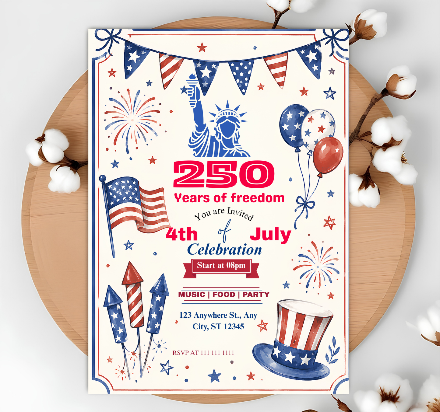 America 250th Anniversary Invitation Template, 4th of July Party Invitation, USA Patriotic Red White Blue BBQ Invite Editable Canva Invite