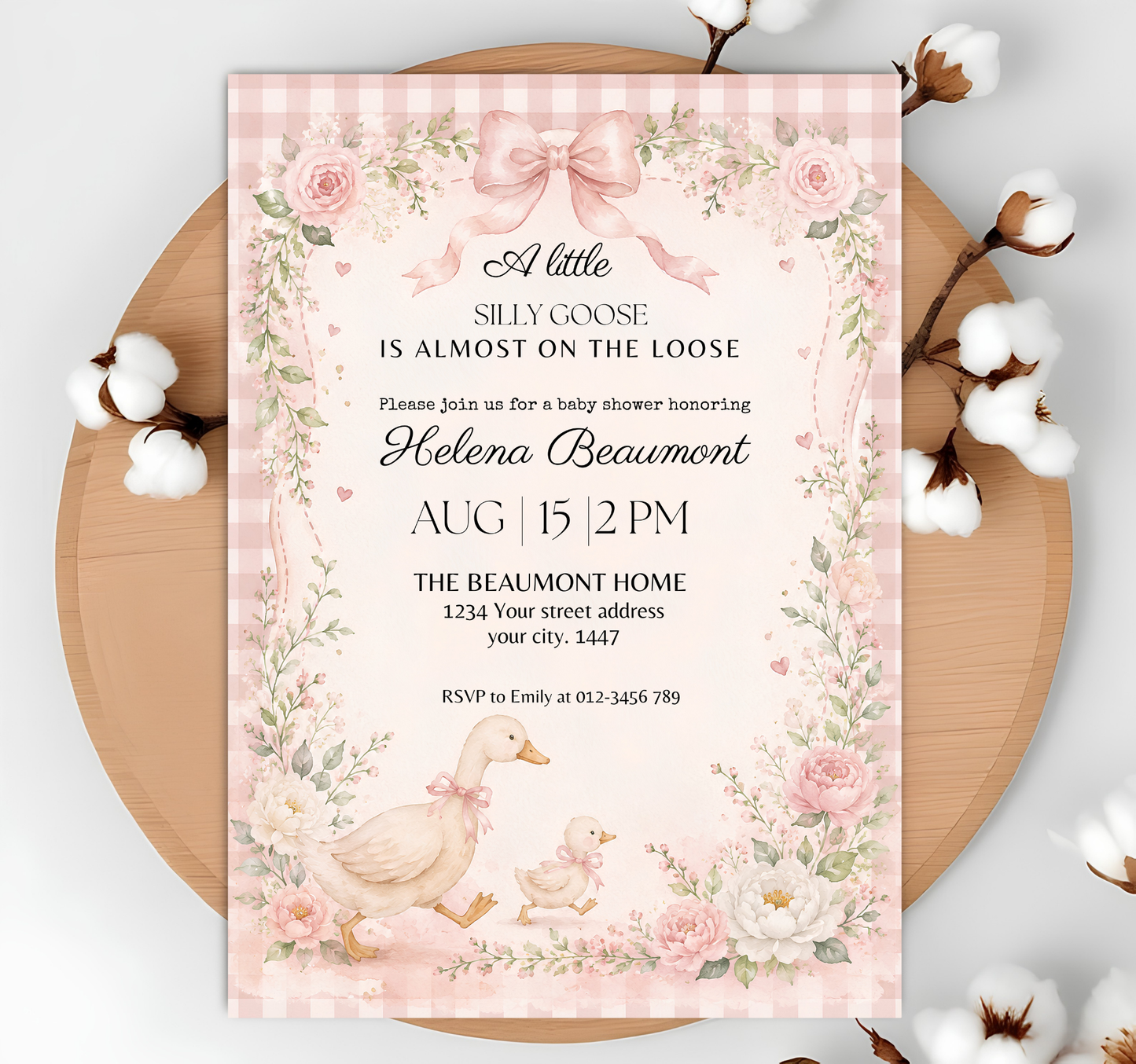 Silly Goose Baby Shower Invitation Template, Pink Gingham Girl Baby Shower Invite, Silly Goose Invite, Digital Invitation, Canva