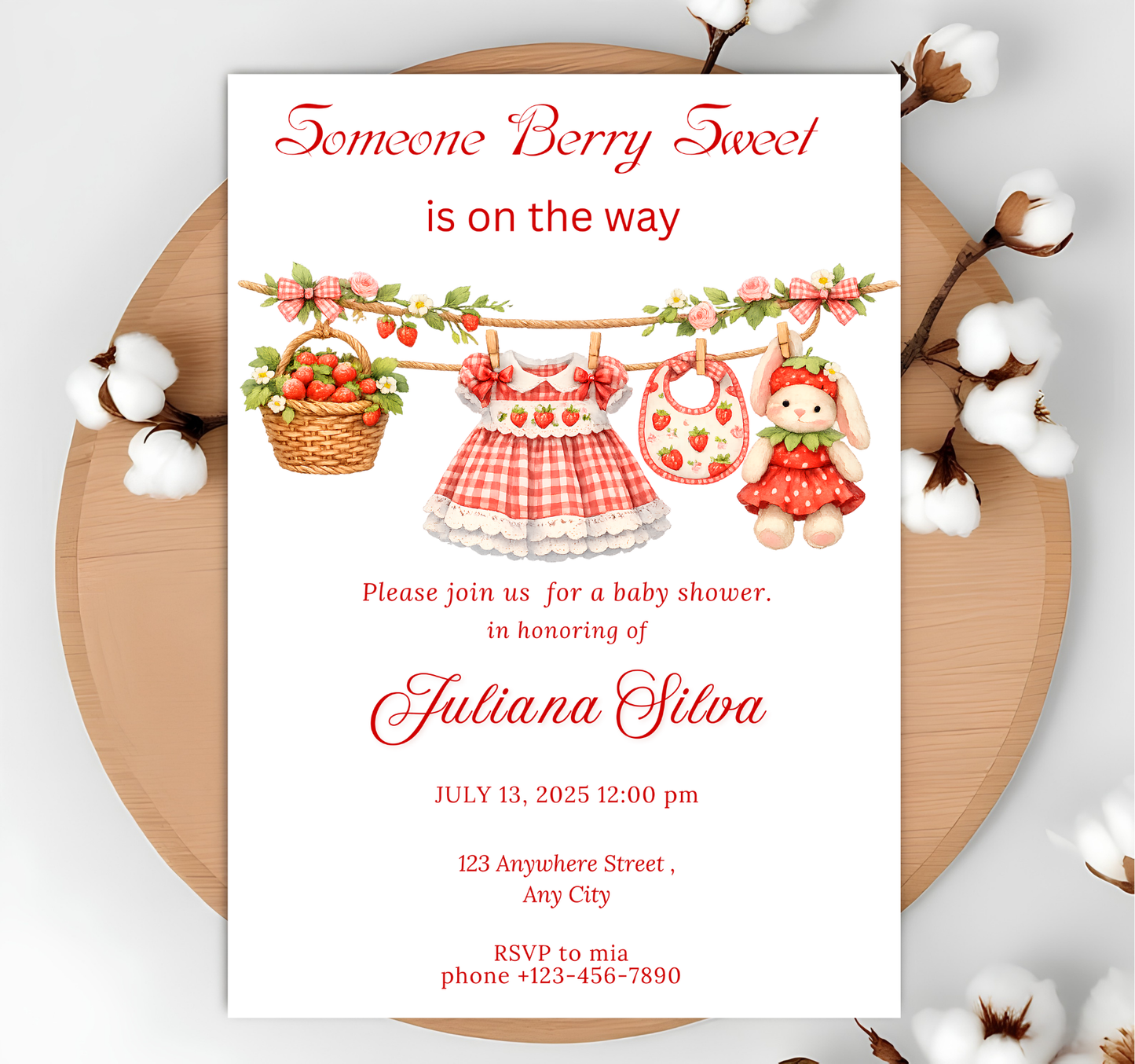 Berry Sweet Baby Shower Invitation Template : Boho Girl Clothesline Strawberry Party Invite (Canva Editable, Instant Download)