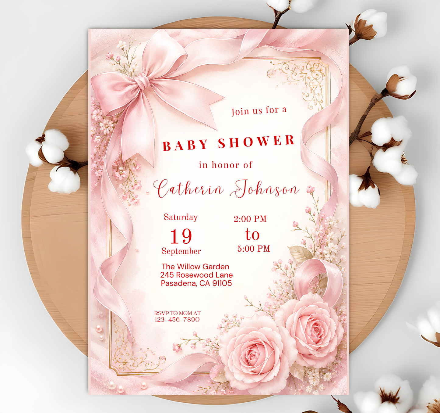 Blush Pink Bow Baby Shower Invitation Template Baby Girl Shower Canva Template Elegant Pink Coquette Baby Shower Invitation Instant Download