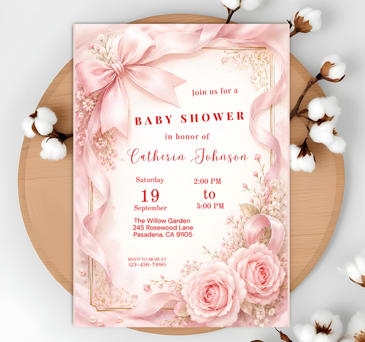 Blush Pink Bow Baby Shower Invitation Template Baby Girl Shower Canva Template Elegant Pink Coquette Baby Shower Invitation Instant Download