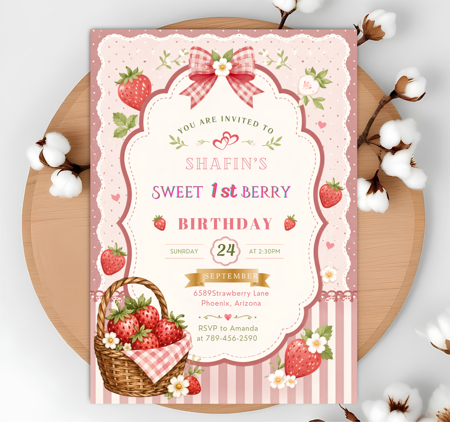 Strawberry Birthday Invitation, Berry First Birthday Invitation, Strawberry Thank You Tags (Digital Download)