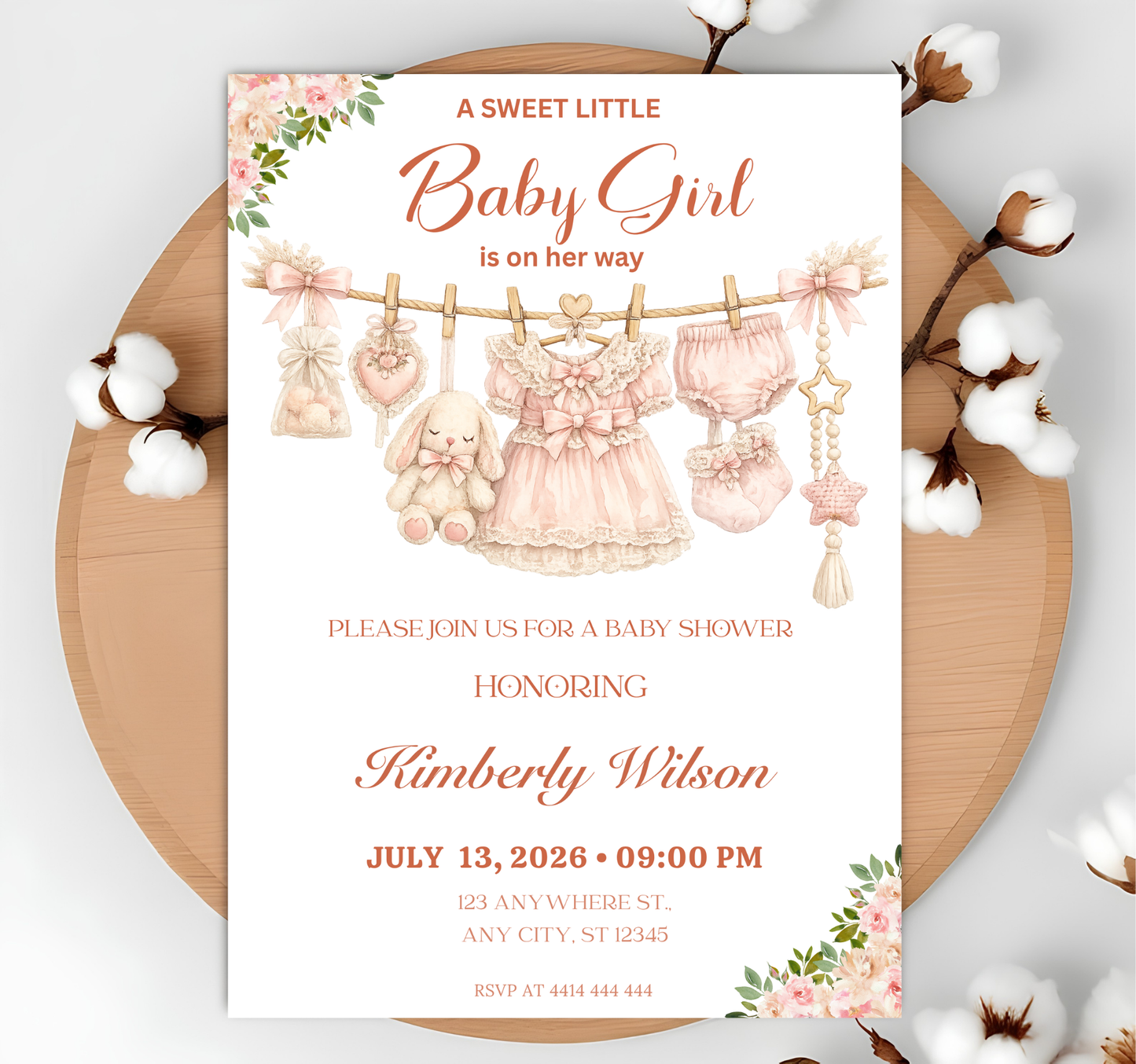 Boho Girl Clothesline Baby Shower Invitation, Boho Baby Clothes Invitation, Instant Download, Digital Template, Editable Canva