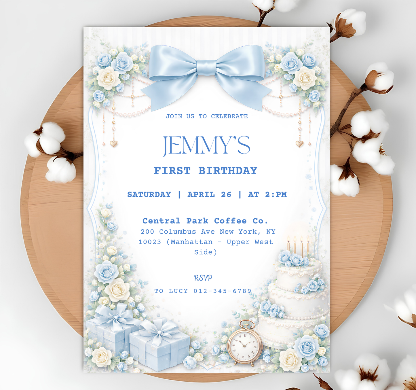 Editable Elegant Blue Rose 1st Birthday Invitation Template | Coquette Blue Bow Party Invite (Degital Template)