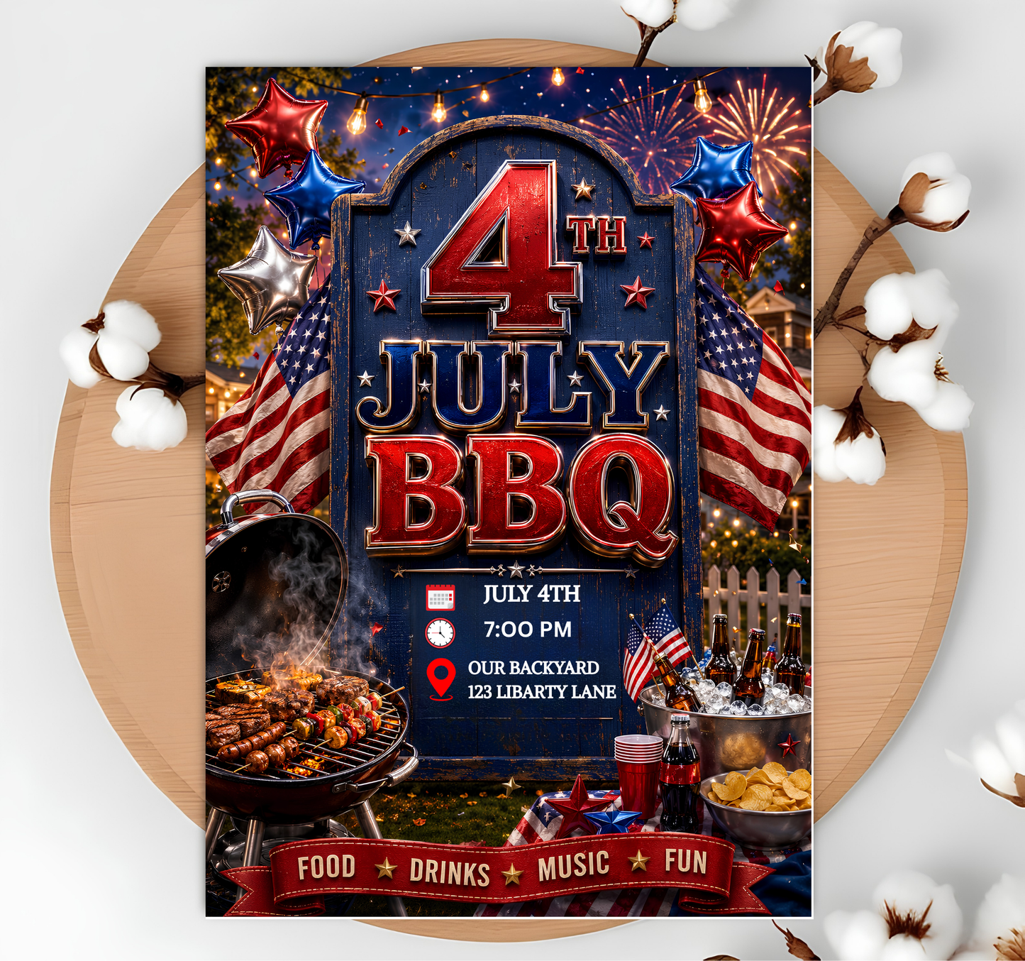 Editable 4th of July Party Invitation Template | USA Independence Day Fireworks Invite Canva