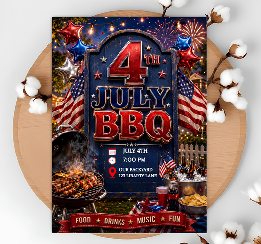 Editable 4th of July Party Invitation Template | USA Independence Day Fireworks Invite Canva