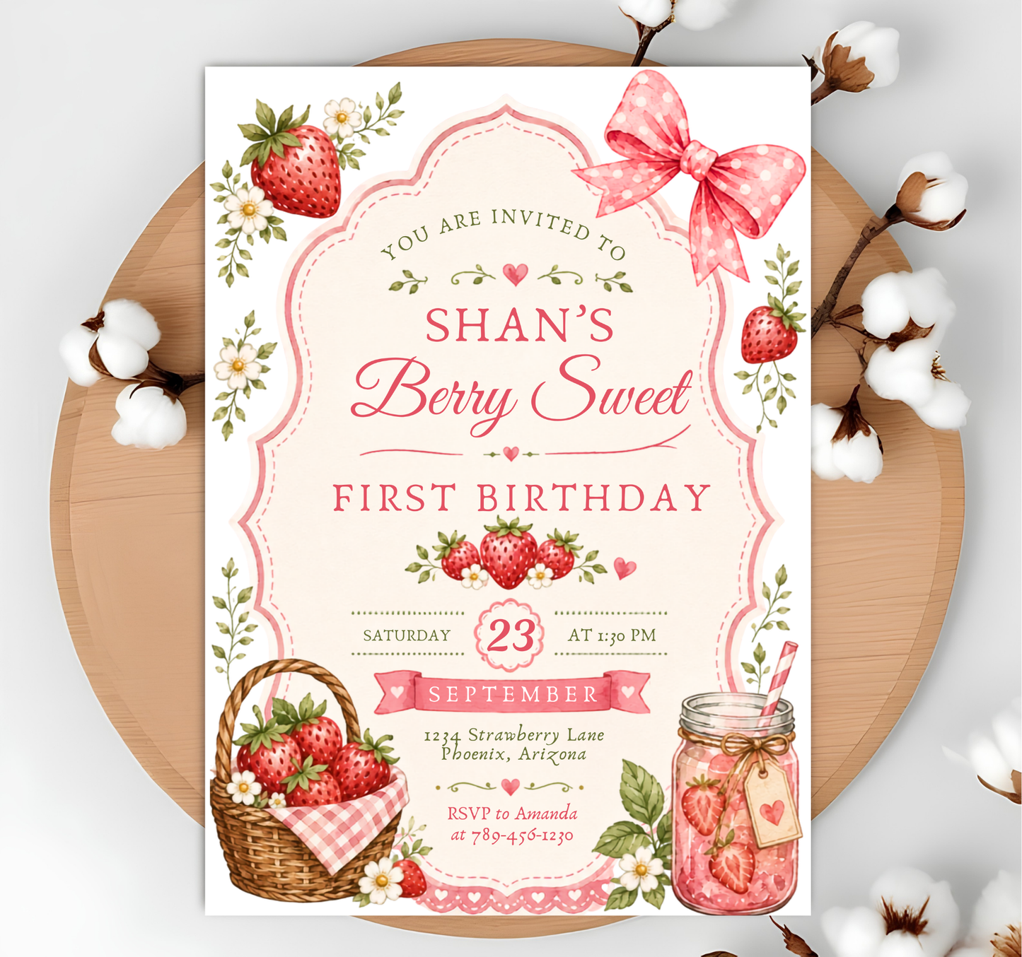 Berry Sweet First Birthday Invitation Template, Strawberry Editable Invite, Girl 1st Birthday Canva Template, Instant Download