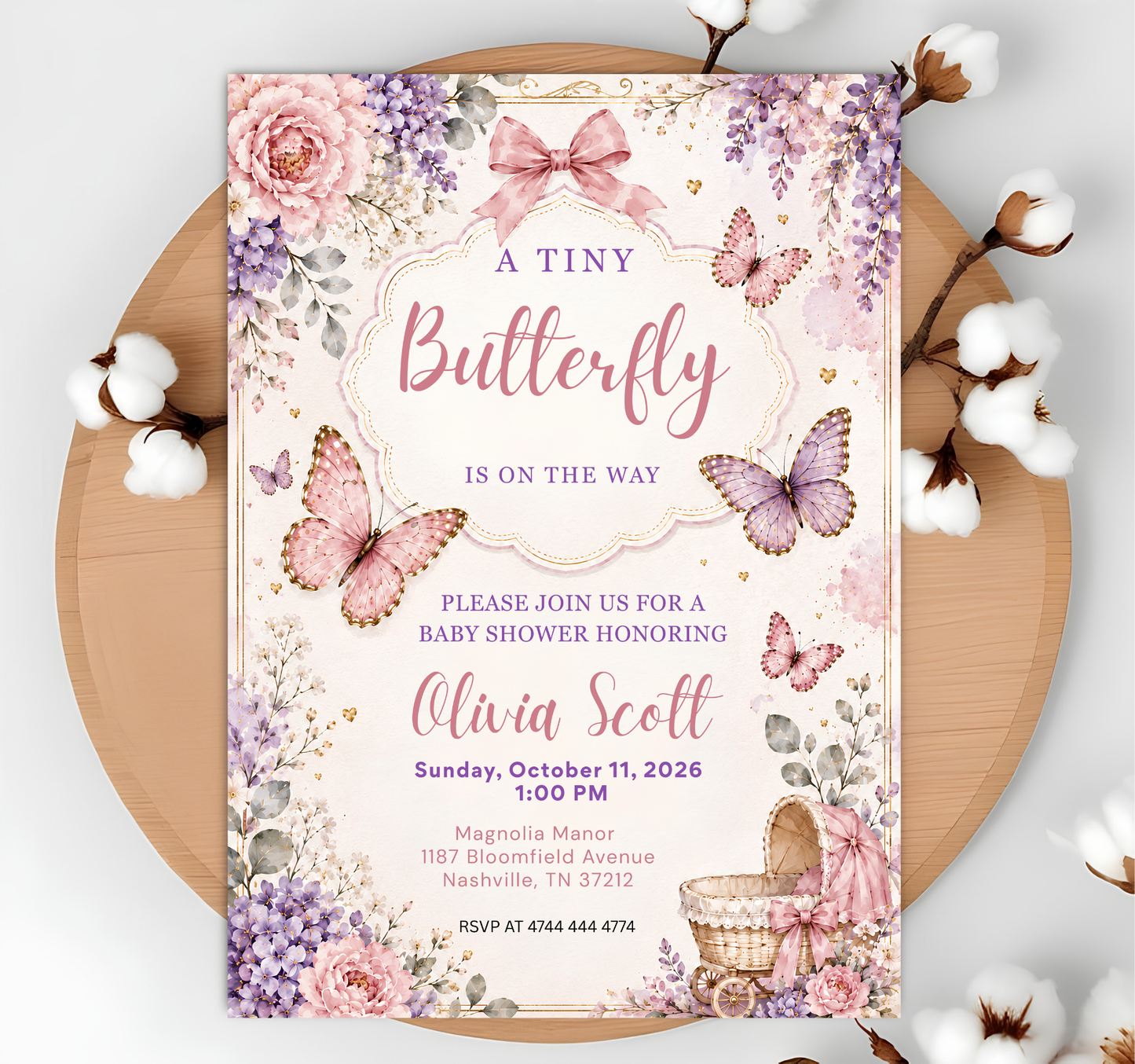A Tiny Butterfly Baby Shower Invitation Canva Template, Floral Girl Shower Invite, Pink Purple Editable Butterfly Baby Shower Invitation