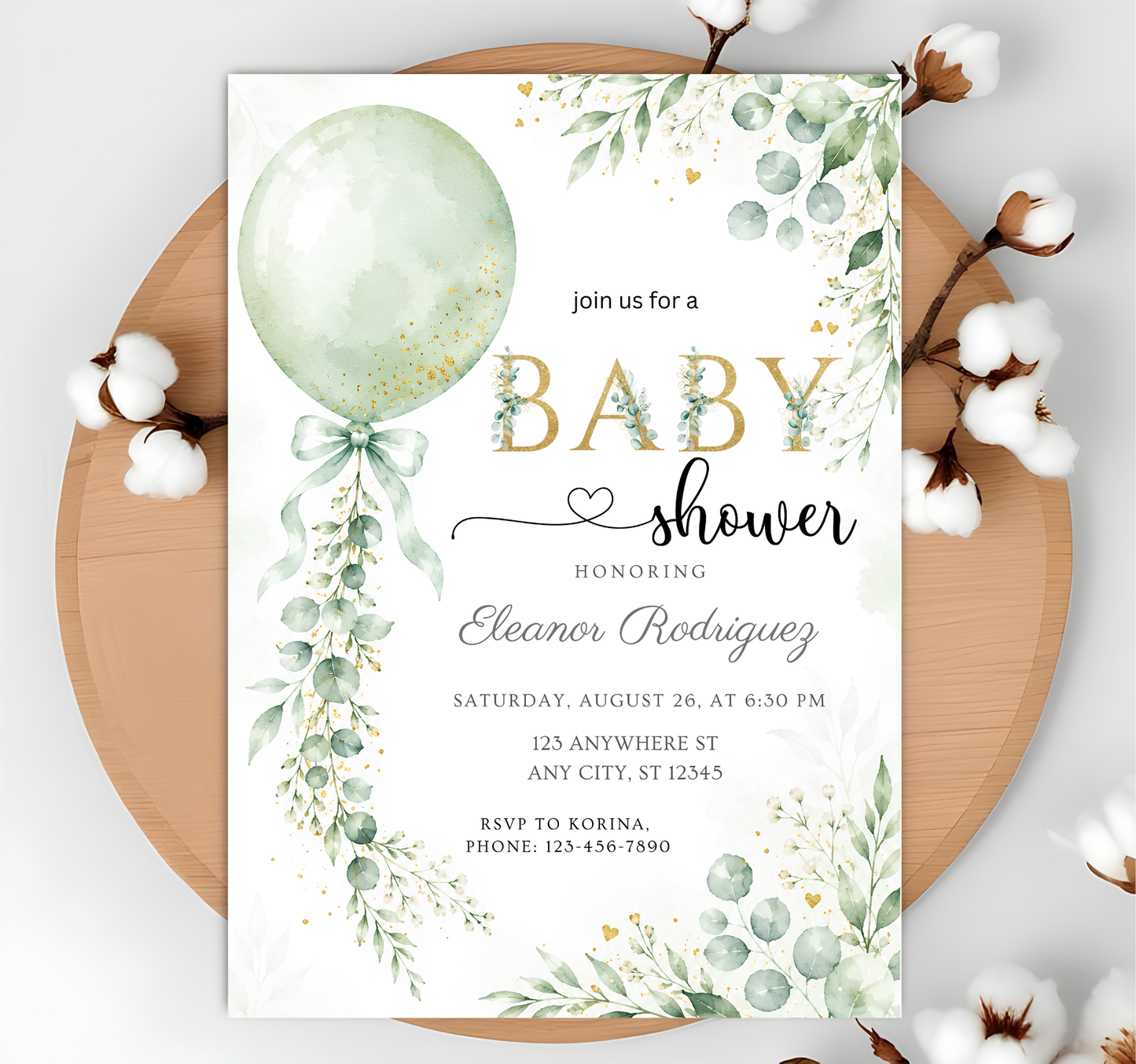 Greenery Baby Shower Invitation Editable Template, Sage Green Balloon Eucalyptus Invite, Gold Glitter Baby Shower, Canva Template