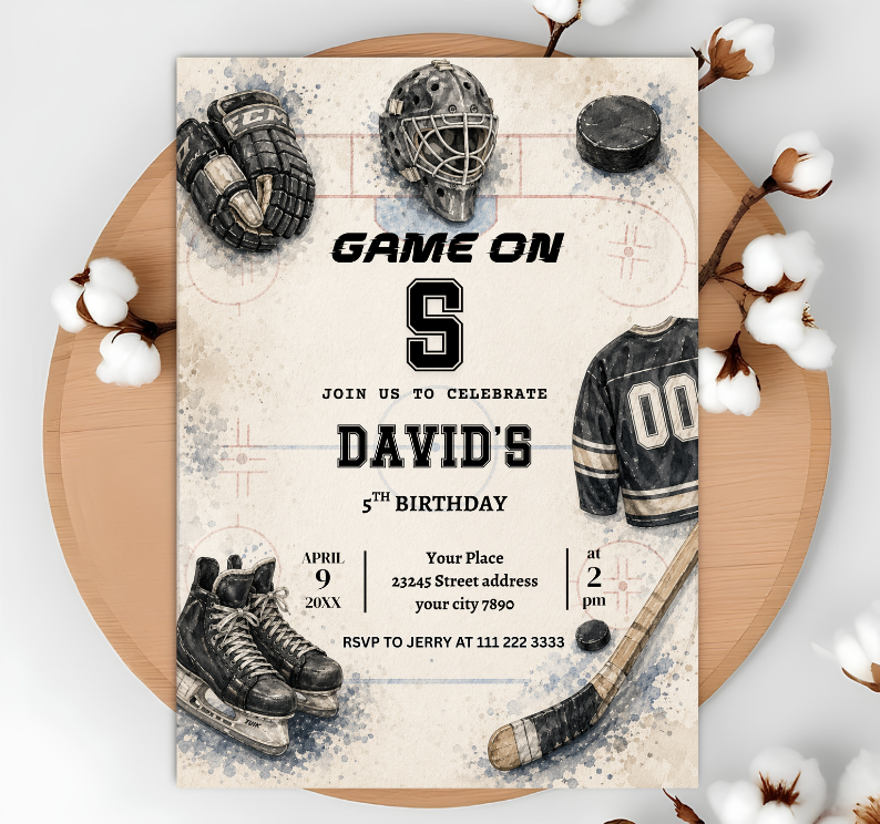 Editable Ice Hockey Birthday Invitation Template | Vintage Game On Sports Invite Canva  (Degital Template)