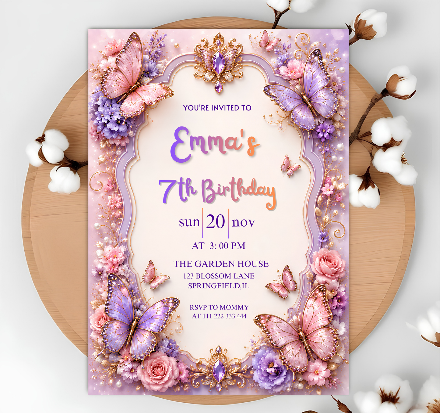Butterfly Birthday Invitation Template, Floral Editable Invite, Girl Birthday Party Canva Template, Purple Pink, Instant Download