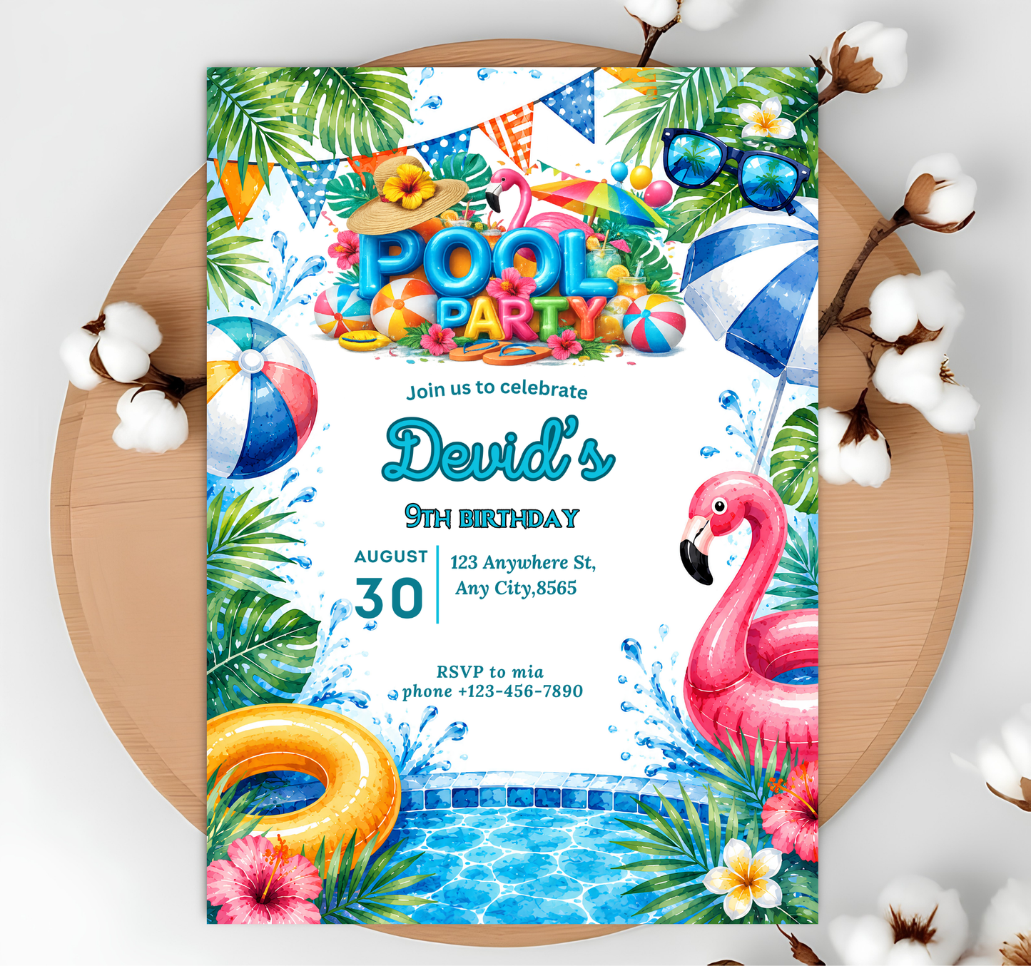 Pool Party Birthday Invitation, Pool Party Invite, Summer Pool Party, Pool Party Birthday, Teenage Birthday, Editable Canva Template