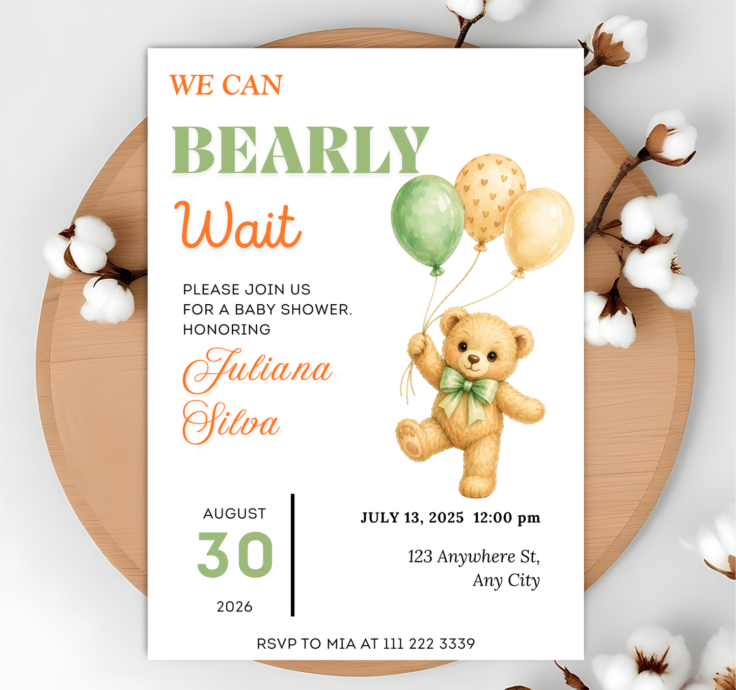 We Can Bearly Wait Baby Shower Invitation | Watercolor Teddy Bear, Sage Balloons | Digital Download | Prints