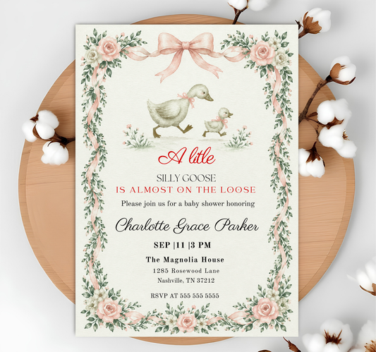 Silly Goose Baby Shower Invitation Template, Pink Gingham Girl Baby Shower Invite, Silly Goose Invite, Digital Invitation, Canva
