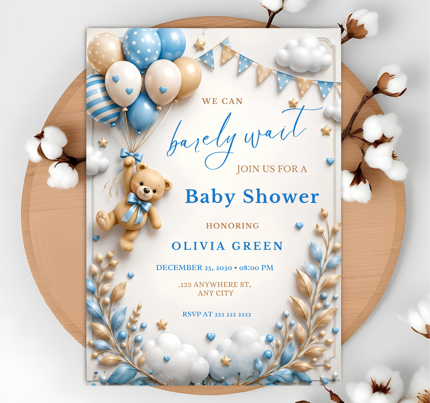Editable Brown Bear Balloon, We Can Bearly Wait Baby Shower Invite, Teddy Bear Baby Shower, Canva Template, Instant Download