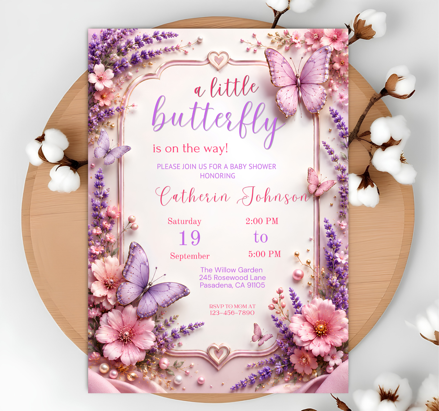 Editable Butterfly Baby Shower Invitation for Girl, Watercolor Floral Canva Template