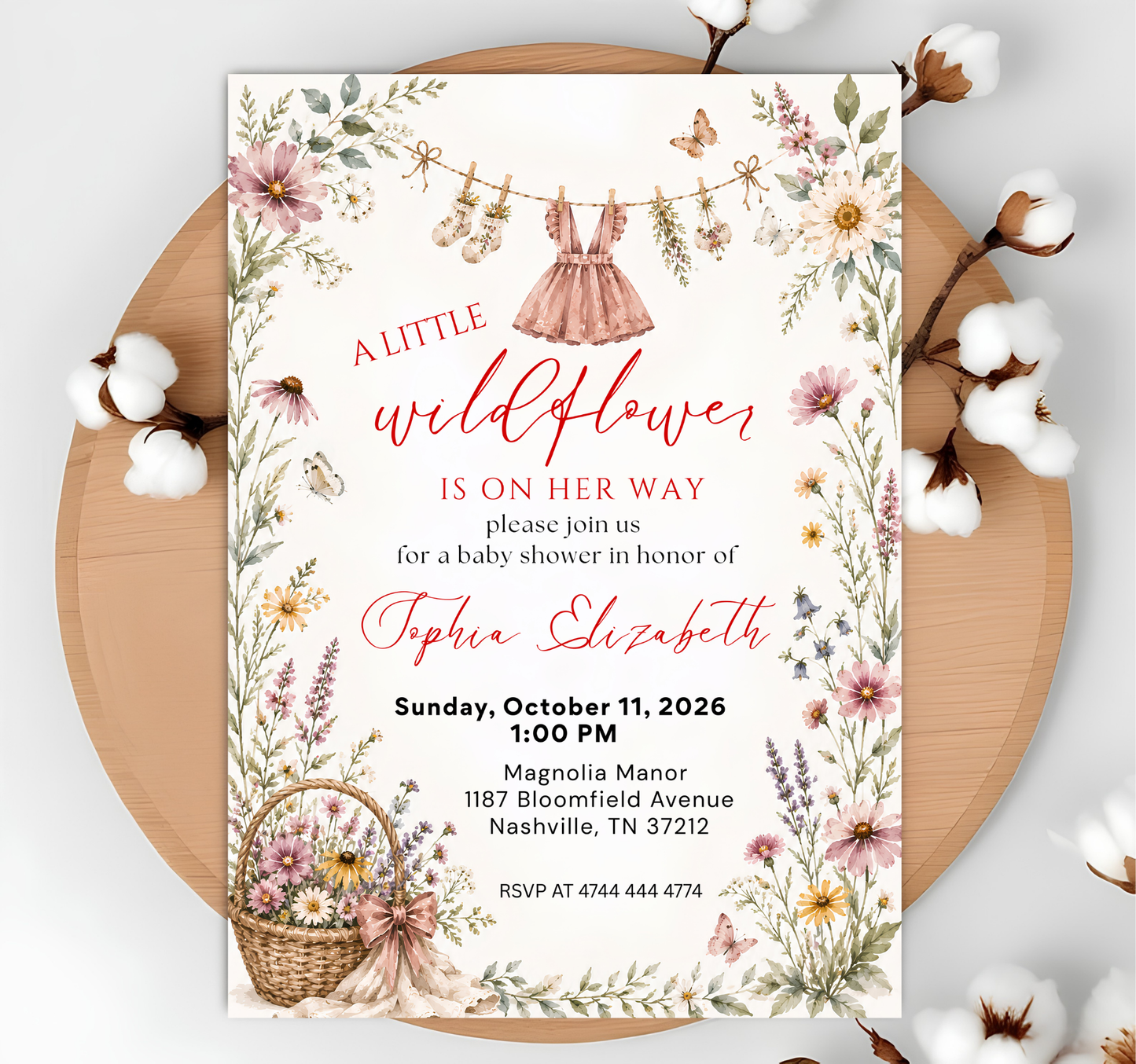 A Little Wildflower Baby Shower Invitation, Dress Wildflower Baby Shower Invite, Baby in Bloom, 5x7", Canva Template
