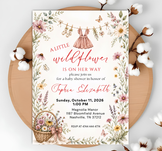 A Little Wildflower Baby Shower Invitation, Dress Wildflower Baby Shower Invite, Baby in Bloom, 5x7", Canva Template