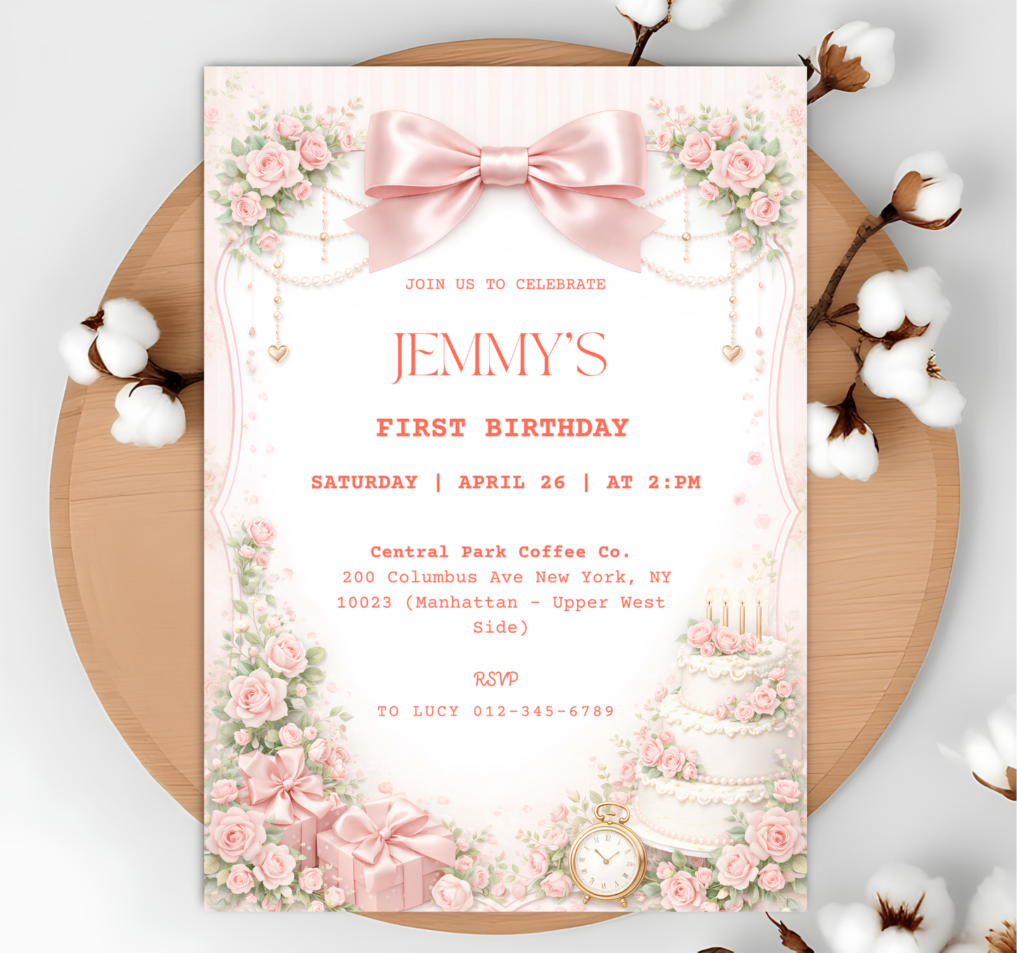 Editable Elegant Pink Rose 1st Birthday Invitation Template | Coquette Pink Bow Party Invite (Degital Template)