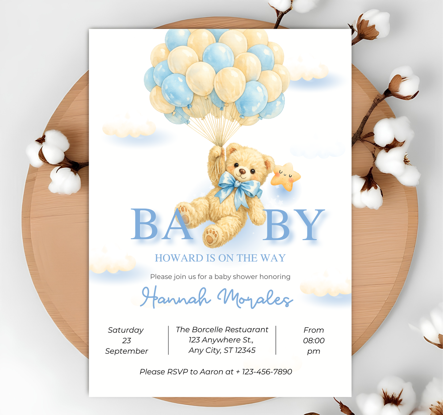 Editable Brown Bear Balloon Baby Shower Invitation, We Can Bearly Wait Baby Shower Invite, Blue Boy Boho Bear Baby Shower Canva Digital