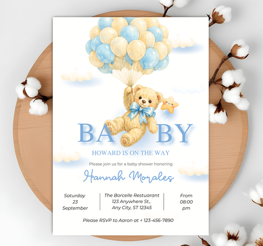 Editable Brown Bear Balloon Baby Shower Invitation, We Can Bearly Wait Baby Shower Invite, Blue Boy Boho Bear Baby Shower Canva Digital