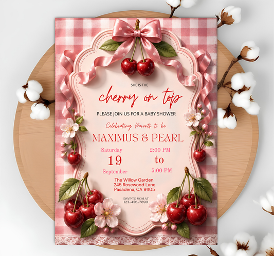 Editable She Is The Cherry On Top Baby Shower Invite | | Pink Gingham + Bow Canva Template (Digital Download)
