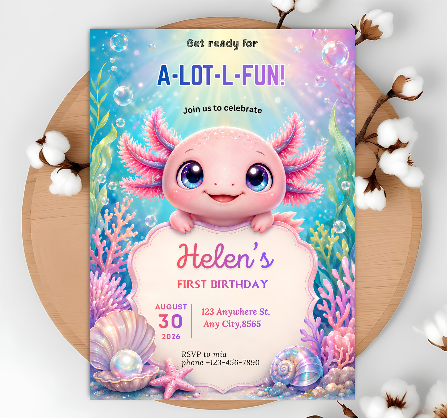 Axolotl Birthday Invitation Girl, A-Lot-L-Fun Underwater Invite, Cute Pink Axolotl 1st Birthday Canva Template Digital Download