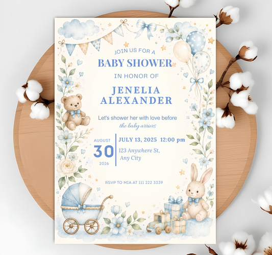 Blue Baby Shower Invitation Template, Vintage Nursery Toys Invite, Teddy Bear Rocking Horse, Floral Editable Printable Download