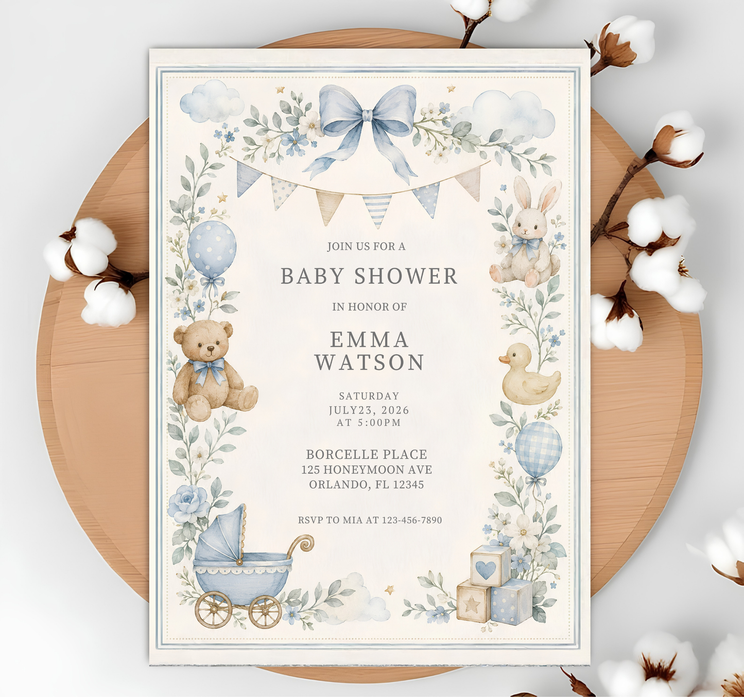 Blue Baby Shower Invitation Template, Vintage Nursery Toys Invite, Teddy Bear Rocking Horse, Floral Editable Printable Download