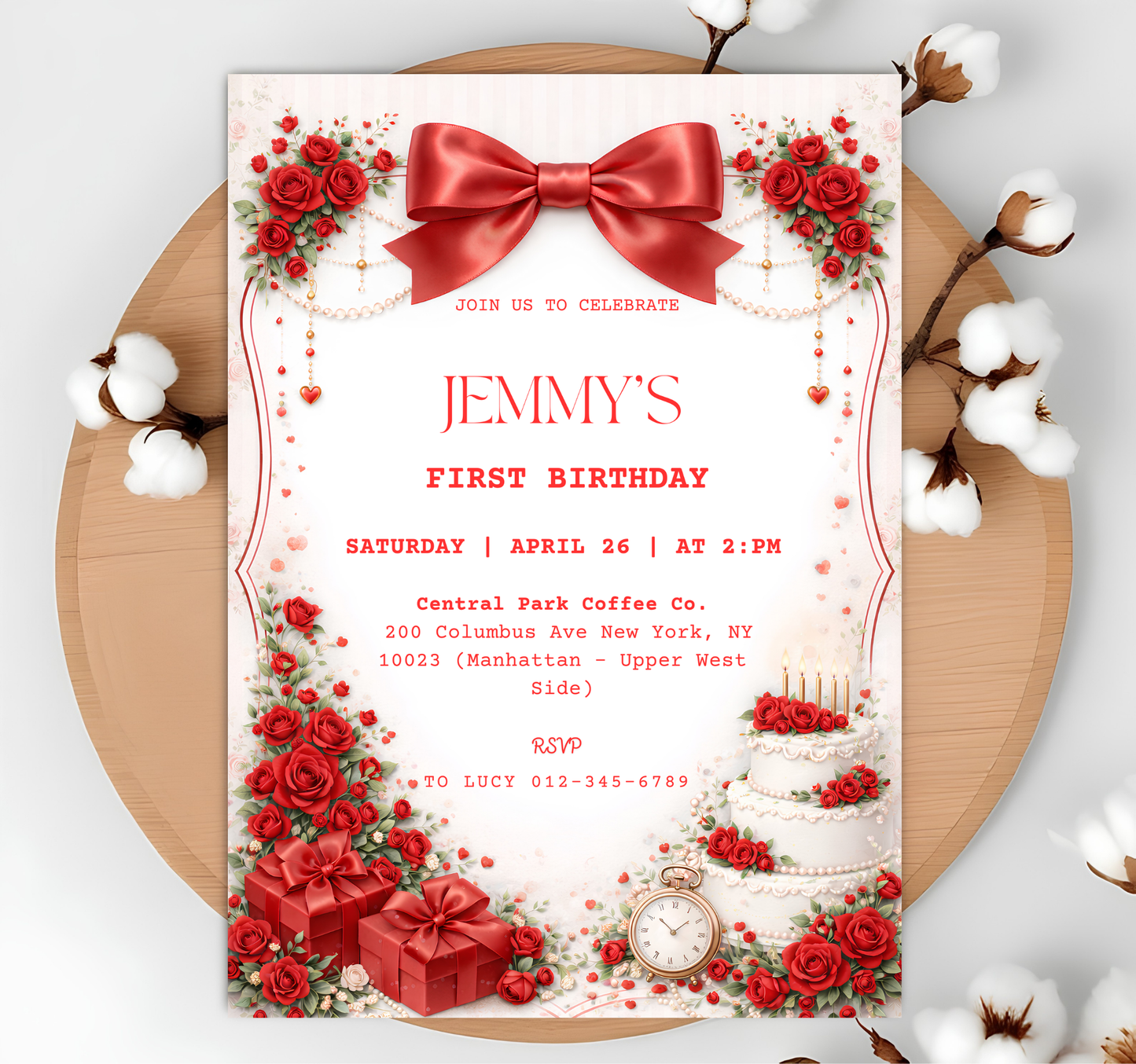 Editable Vintage Rose Elegant Coquette Pink Bow Floral Birthday Invitation Template