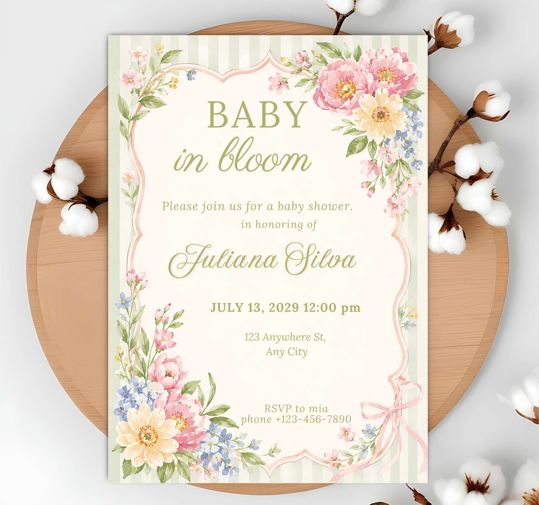 Pastel floral baby shower invitation with cotton branch
