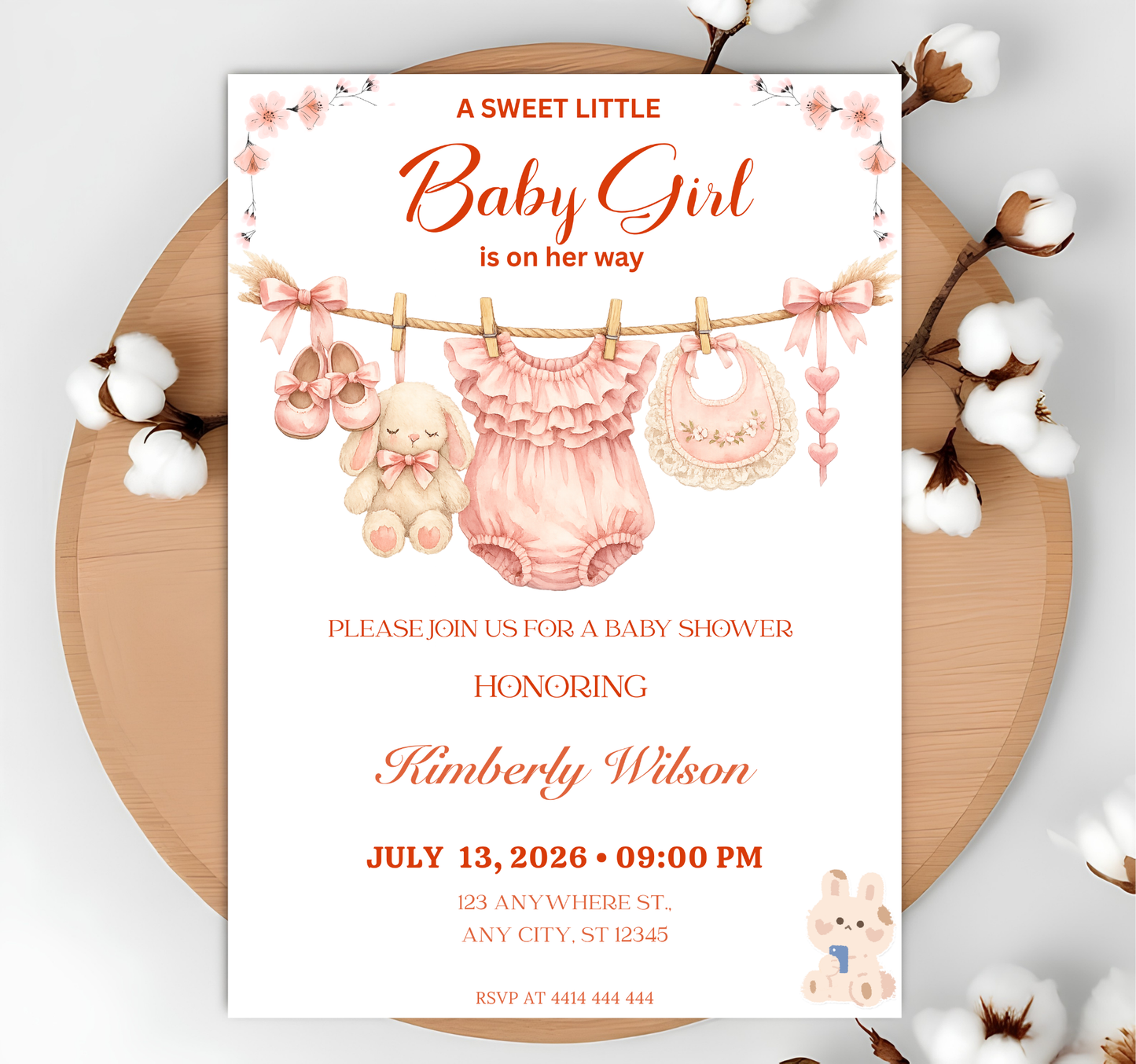 Pink Baby Clothes Sweet Baby Girl Invitation, Pink Floral Clothesline Invite, A Sweet Baby Girl is on Her Way Baby Shower, Editable Canva