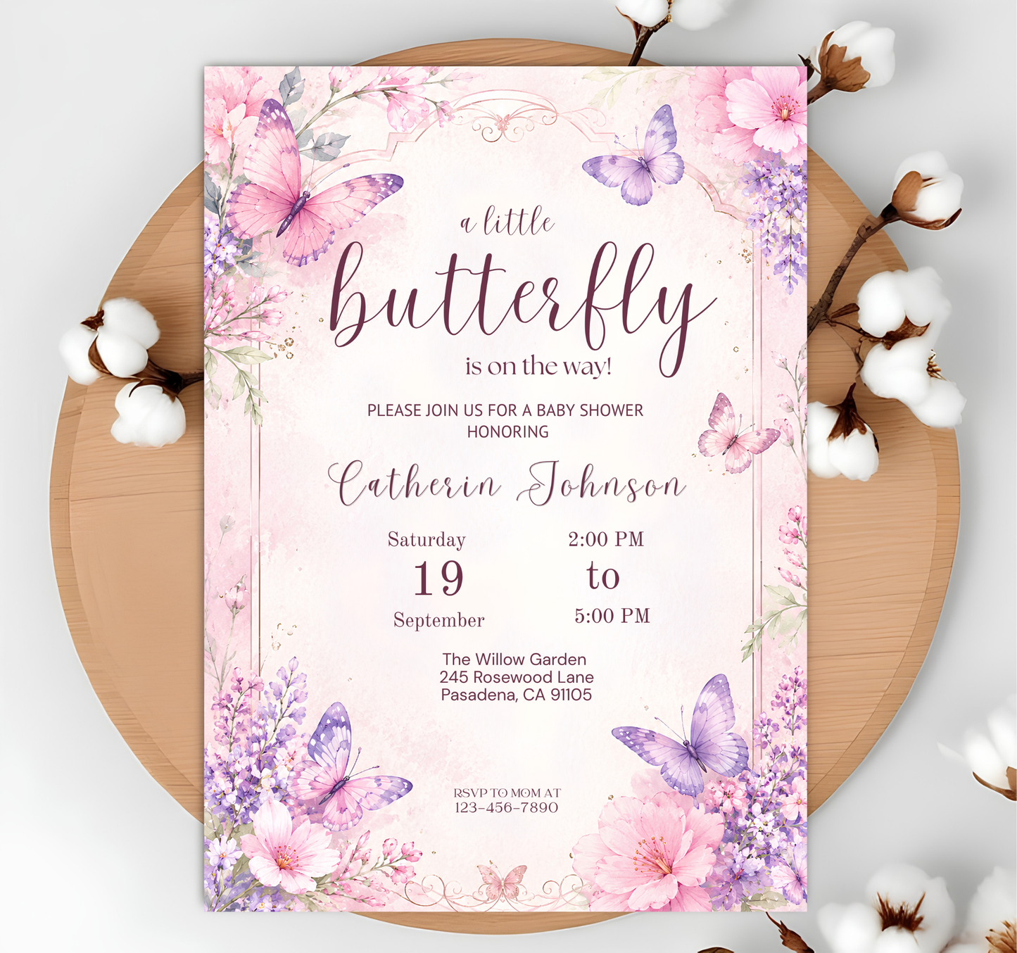 Butterfly Baby Shower Invitation Editable Template, Pink Purple Floral Butterfly Invite, Girl Baby Shower, Canva Template
