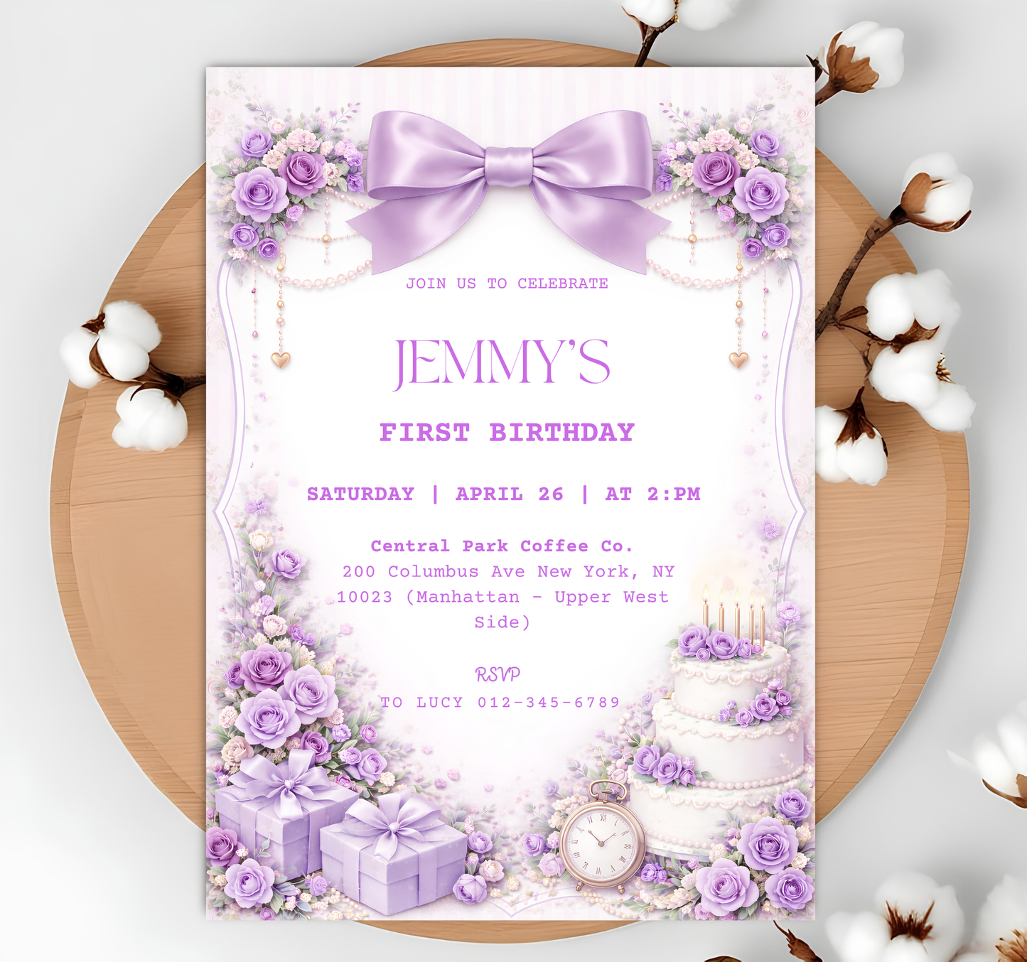 Editable Elegant Purple Rose 1st Birthday Invitation Template | Coquette Purple Bow Invite (Degital Template)